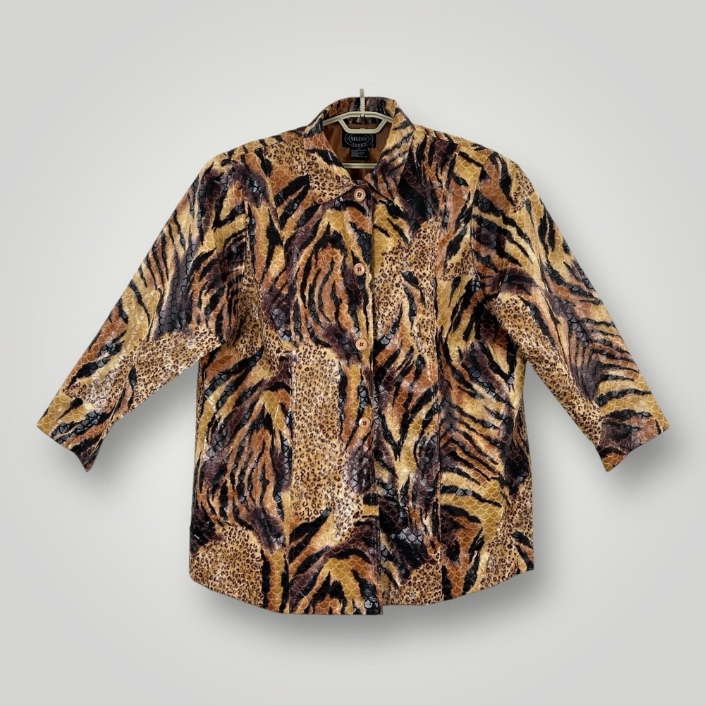SELENE SPORT Coat Jacket w Lion Leopard Print Womans 3X‎ Lined Textured Vinyl